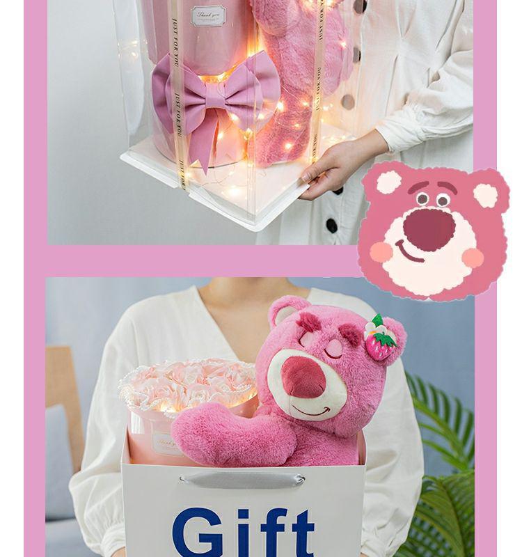 Strawberry Bear Doll & Preserved Rose Bouquet - Soap Flower Gift for Girlfriend