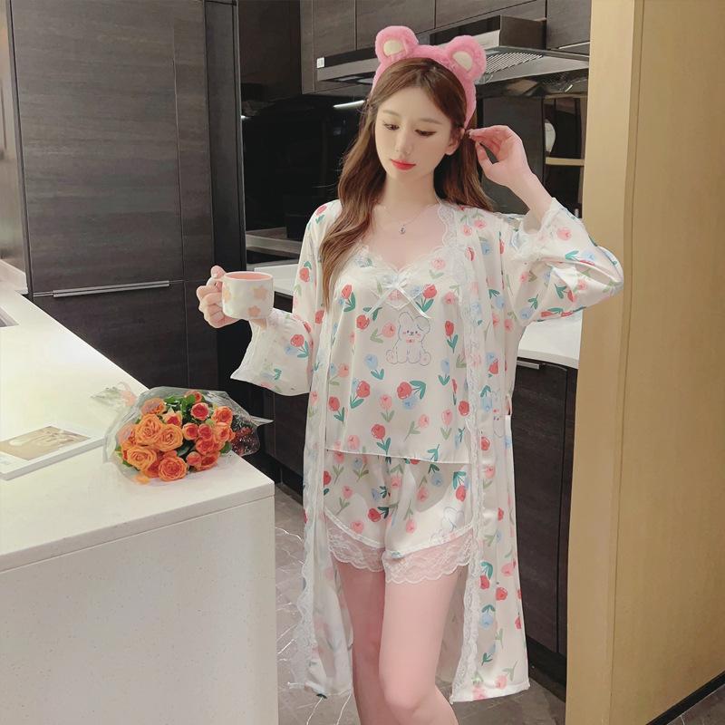 Pajamas women's spring and summer ice silk long-sleeved suspender shorts nightgown three sets with chest pads sexy lace seduction loungewear