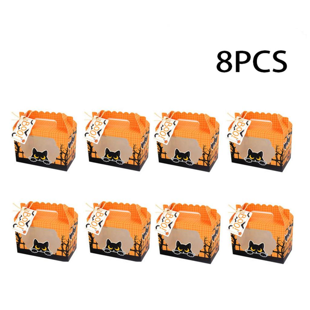 8PCS Halloween Kraft Paper Treat Boxes with Clear Window Gift Tags Halloween Party Bakery Candy Box Trick Or Treat Kids Gift Bag