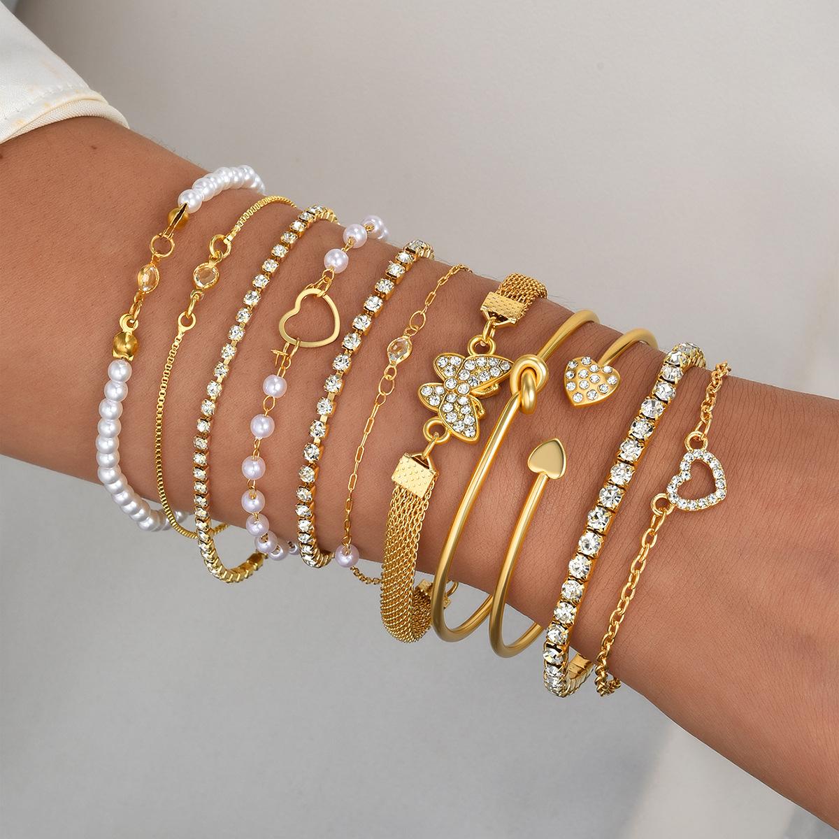 

11pcs Set Trendy Exquisite Micro-inlay Zircon Butterfly Heart-shaped Imitation Pearl Bracelet for Women Friend Jewelry Sets Gift