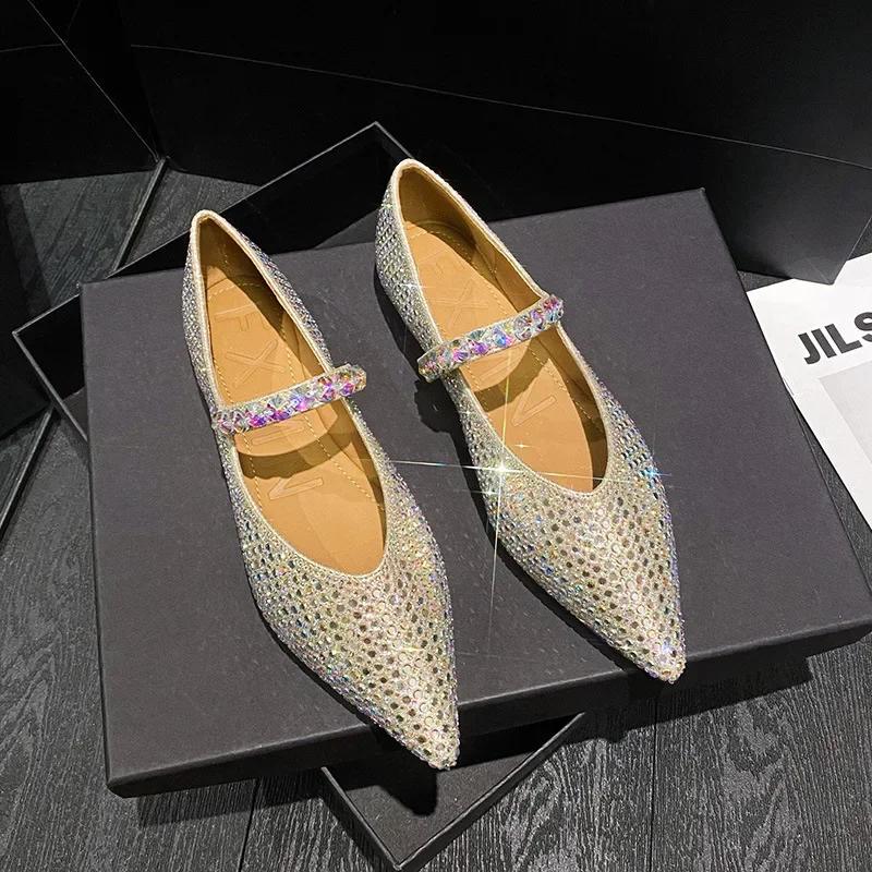 Brand New Women Flat Shoes Fashion Bling Rhinestone Pointed Toe Mary Jane Shoes Girl Slip-on Loafers Big Size