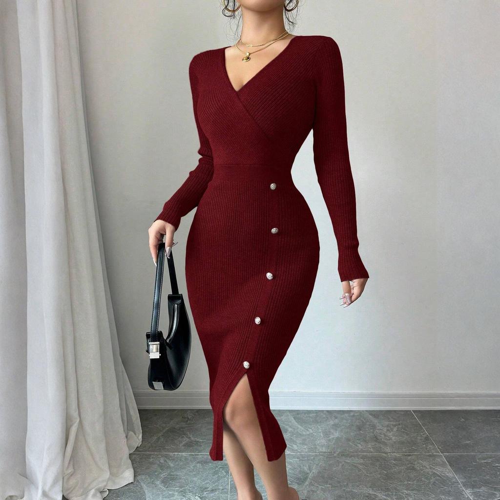 Women's Fashion Ribbed Knitted Bodycon Wrap Midi Dress With V-Neck, Long Sleeves, Button Detail And Slim Fit
