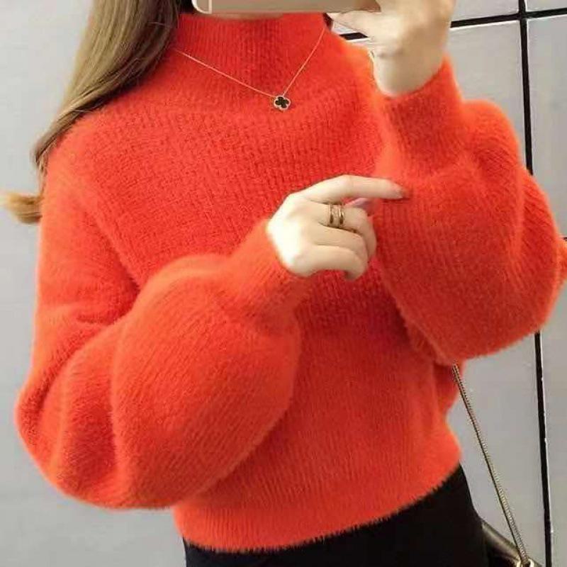Women's Mink Velvet Lantern Sleeve Sweater - Loose, Half High Collar, Autumn/Winter Outerwear