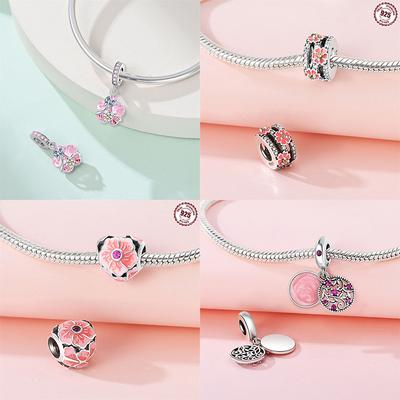 Original Copper Charms Pink Flower Heart Beads Fit Bracelet Necklace Accessories Jewelry Making Fine Jewelry Gift