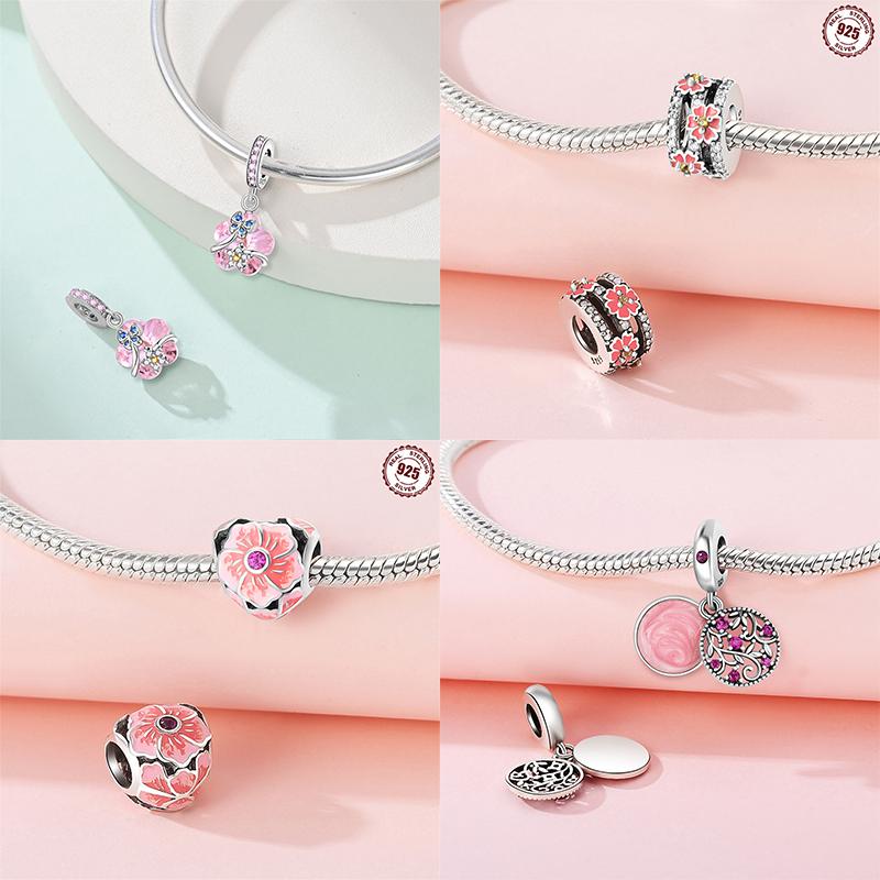 Anniversary Copper Charms Pink Flower Heart Beads Fit Bracelet Necklace Bead Jewelry Making Fine Jewelry Gift