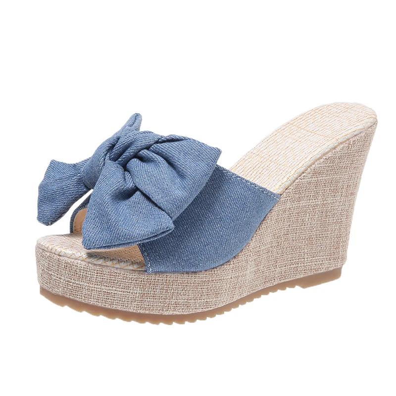 Fashion Women‘s Fashion Casual Party Club Shoes Bowknot Design Platform Wedge Slippers Sandal Woman Summer Fashion Flip Flops Round Head