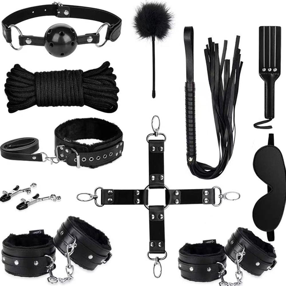 Erotic Set Sexy Leather Plush Sex Toys Bondage Kit Handcuffs Feather Blindfold Flirt Exotic Accessories Couples Adult Games
