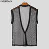 INCERUN Men Deep V Neck Sleeveless Crochet Hem Stitching Mesh Tank Tops