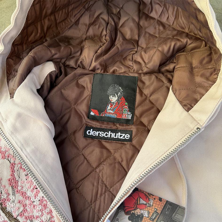 Derschutze Men's Trendy Winter 2025 Cherry Blossom Embroidered Hooded Cotton Jacket