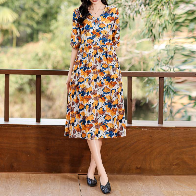 Elegant Women's Summer Dress Plus Size Half Sleeve Vintage Print Long Dresses Female Summer Clothes