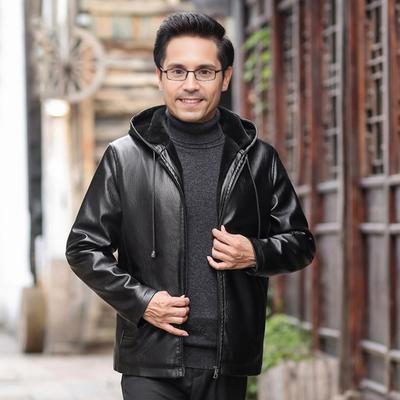 Men Faux Leather Jacket with Velvet Lining Hooded Drawstring Long Sleeve Pockets Zipper