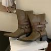 Fashion Sexy Pointed Toe Cowboy Ankle Boots Women Square Heels Goth Short Booties Autumn Winter Street Style Buckle Strap Botas Mujer
