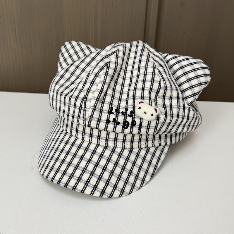 Cute Bear Plaid Ear Octagonal Hat Women Spring Summer Thin Sweet Face Slimming Beret Hat