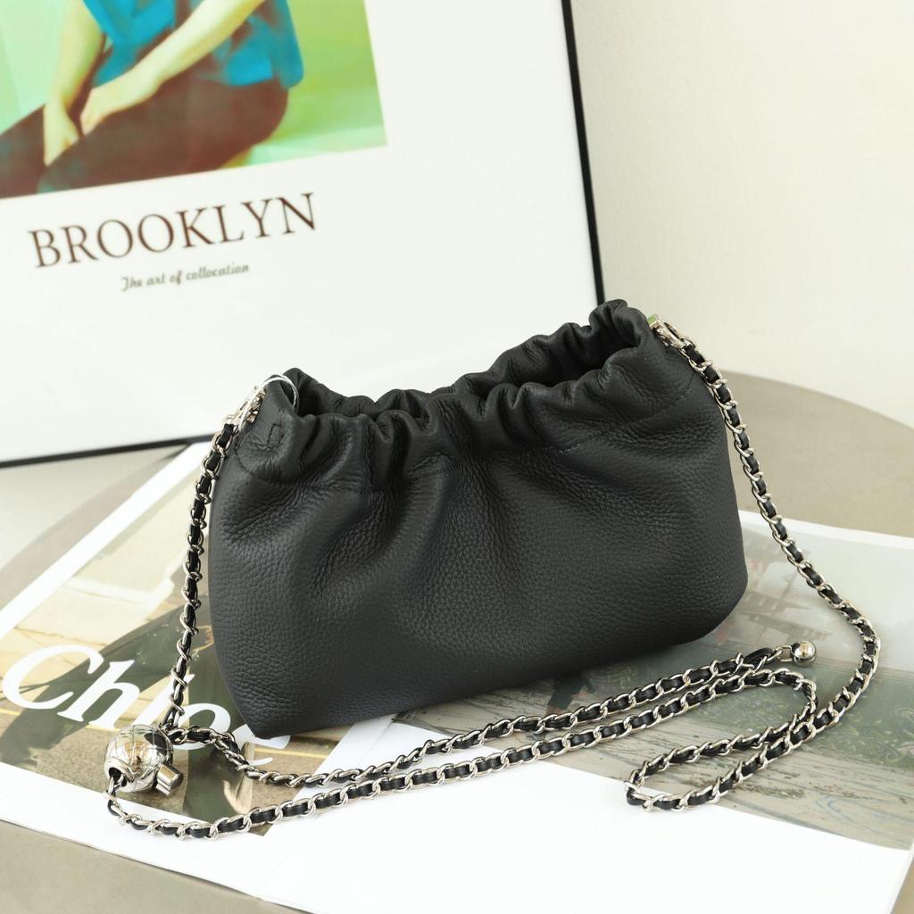 Women's Genuine Leather Cloud Pleated Shoulder Bag with Golden Ball Detail