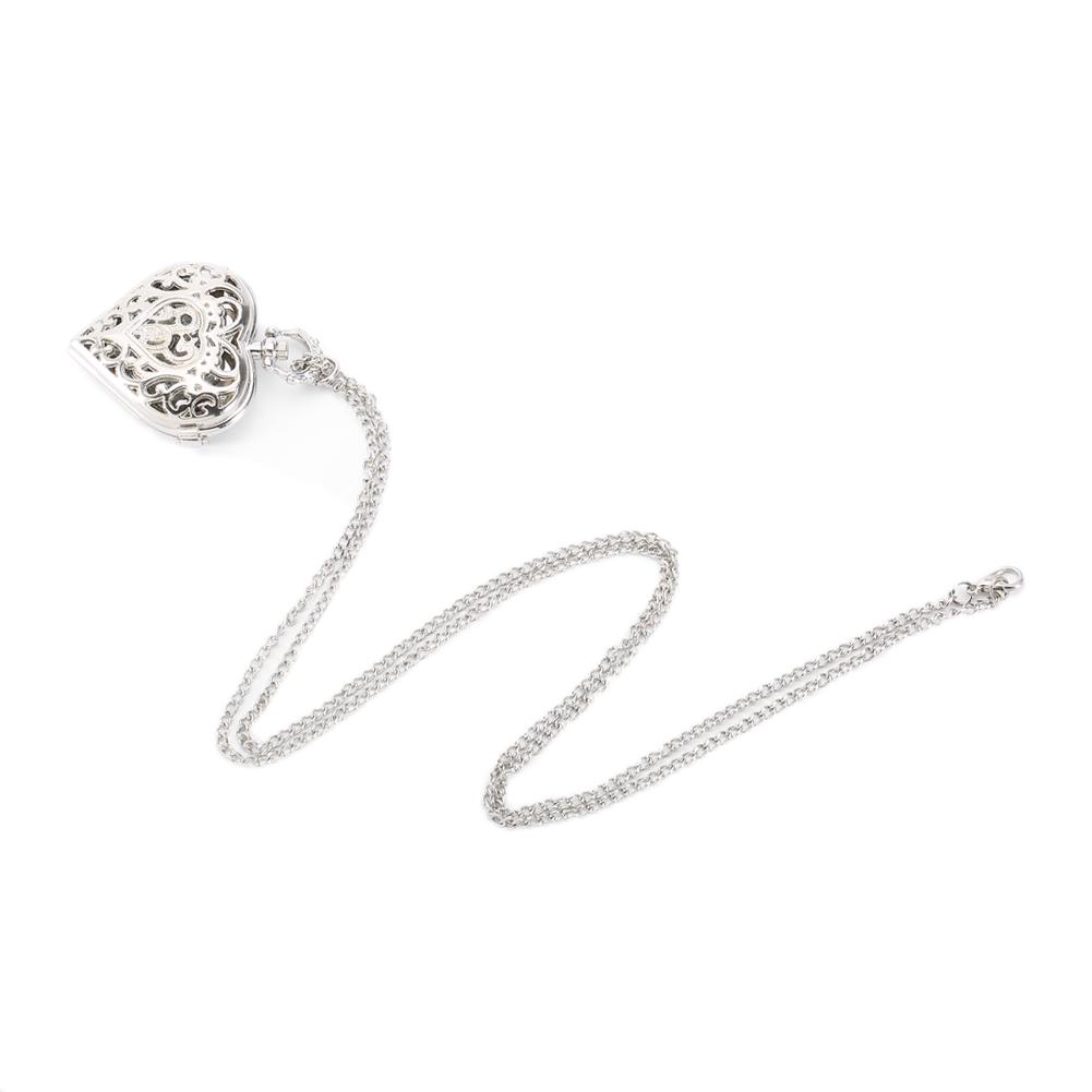 Silver Heart Hollow Openwork Pocket Watch with Diamonds Vintage Design Antique Style Pendant Necklace for Women Birthday Gift