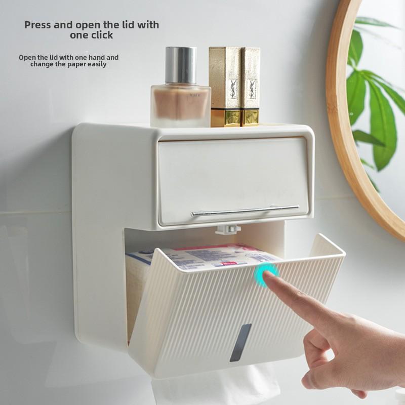 Toilet Tissue Box Double-layer Wall Mounted Waterproof Toilet Paper Box No Punching Square Paper Drawer Storage Bathroom Shel