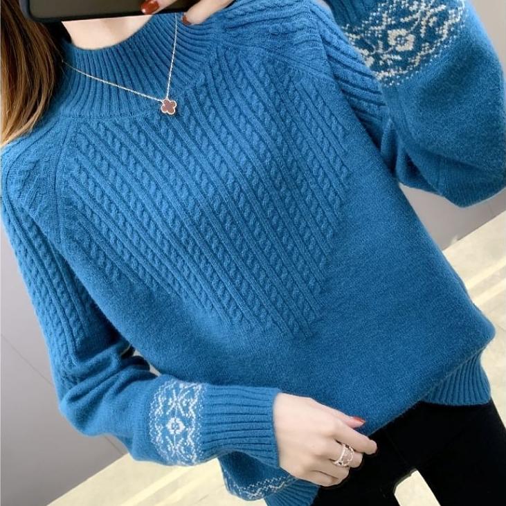 Autumn Winter Women's Half Turtleneck Sweater Loose Thick Pullover Knitted Top Jacquard Elastic Knitted Top Jumper.