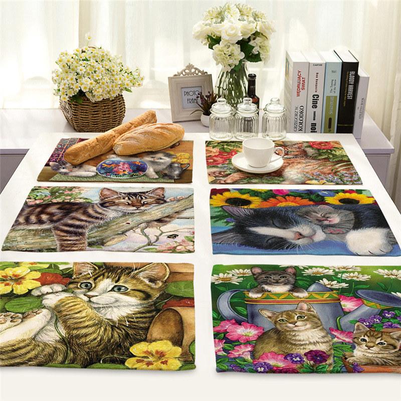 45X30cm Cute Cat Flower Pattern Placemat Dining Table Mats Cotton Linen Drink Coaster Western Pad Cup Mat For Home Decor Gifts