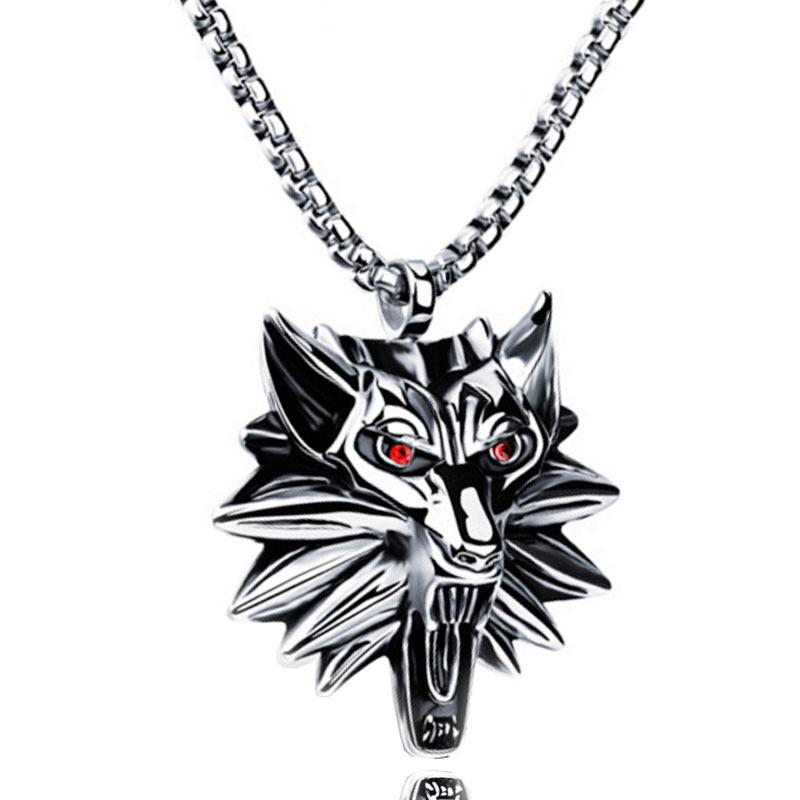 Men's Stainless Steel Red-Eyed Wolf Head Pendant