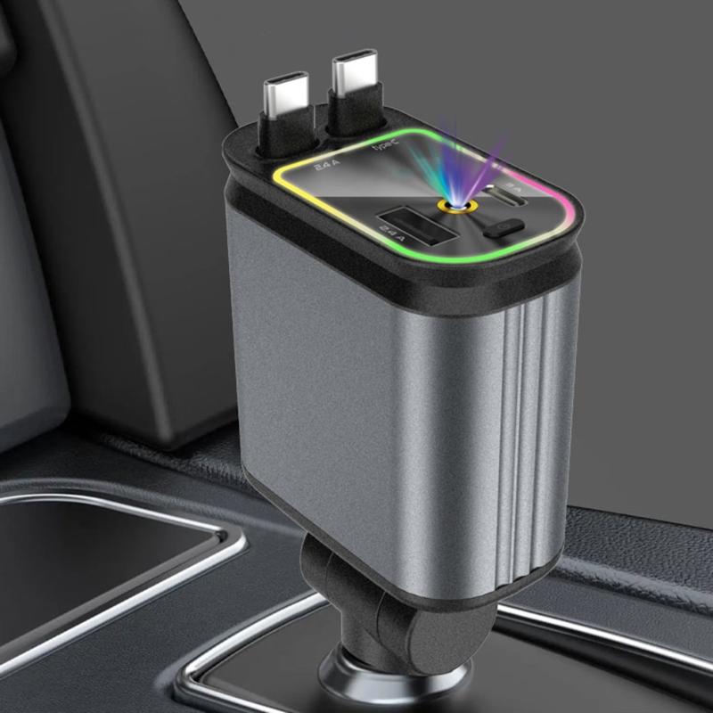 4 in 1 Double USB C & USB A Car Charger with Star Projector Light and Cable 180 Degree Adjustable Car Charging Adapter