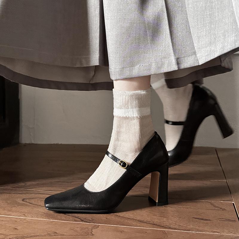 French square head thick heel Mary Jane single shoes women's 2025 new retro style one-word buckle with light mouth high heels