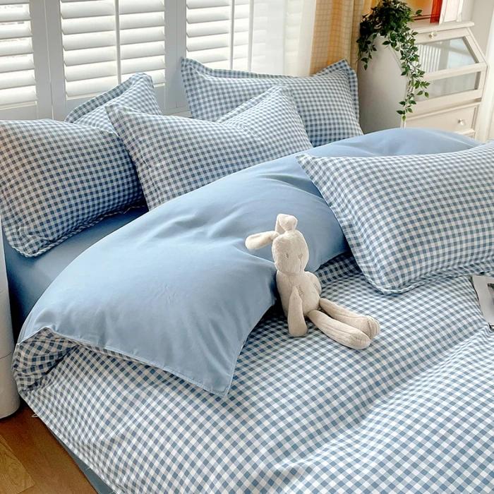 Plant Thickened Three Four Piece Bed Sheet Set Blue And White Large Grid