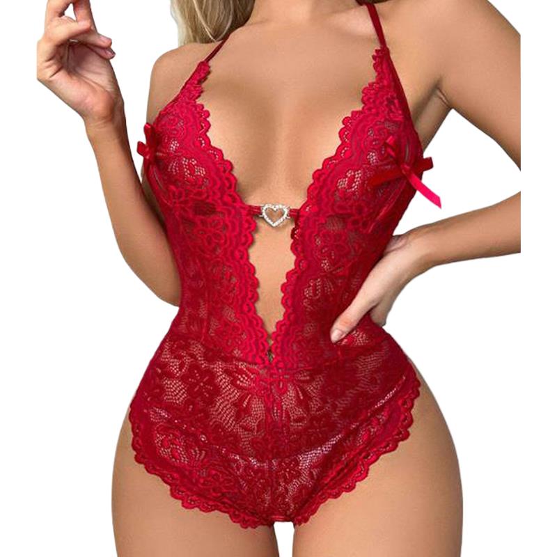 Women Lace Body Suit Sexy Lingerie Sleepwear Mesh Lace Floral Deep V See Through Teddies Bodysuits Naughty Eroctic Costumes Soft Comfortable Alluring
