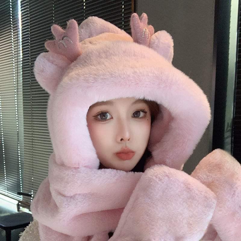 Women's Cute Bear Hooded Scarf Set: Plush Hat, Neck Warmer, and Gloves for Winter