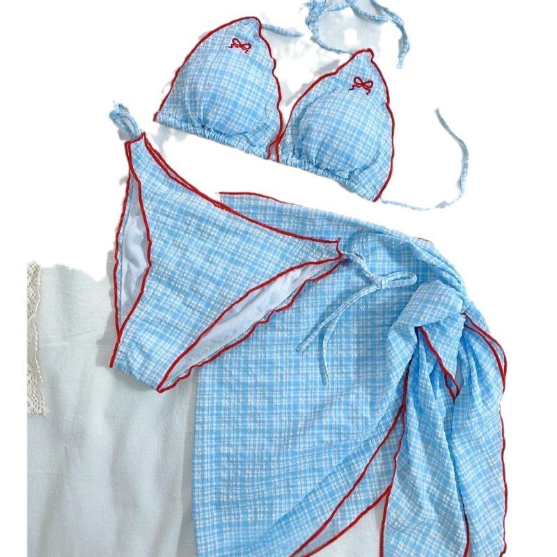 Korean Dongdaemun Plaid Bikini Three-Piece Swimsuit - Sweet and Lovely Style for Women
