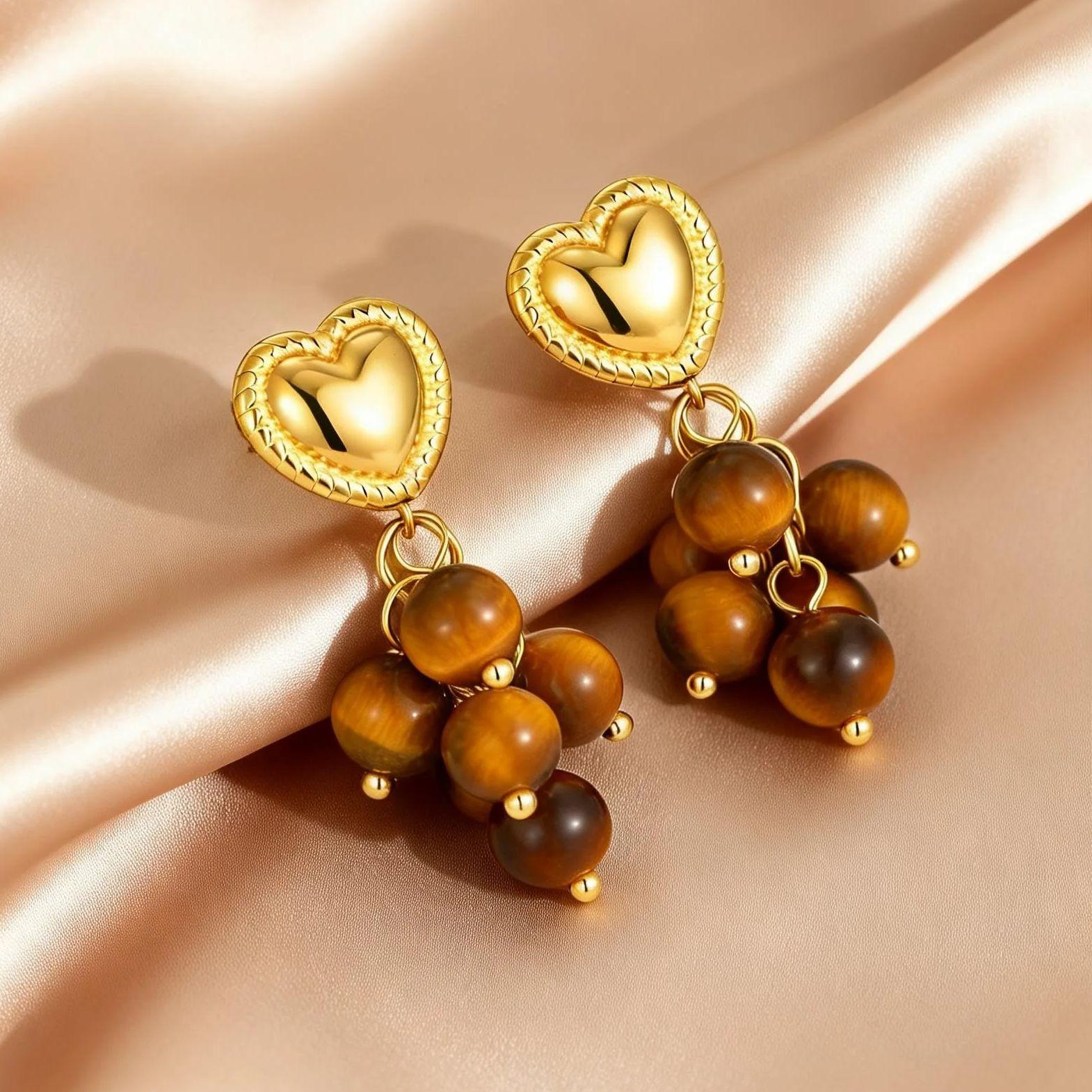 

Luxury Tiger Eyes Natural Stone Grape Tassel Beaded Earrings for Women Stainless Steel Heart Earrings Exaggerated Trendy Jewelry
