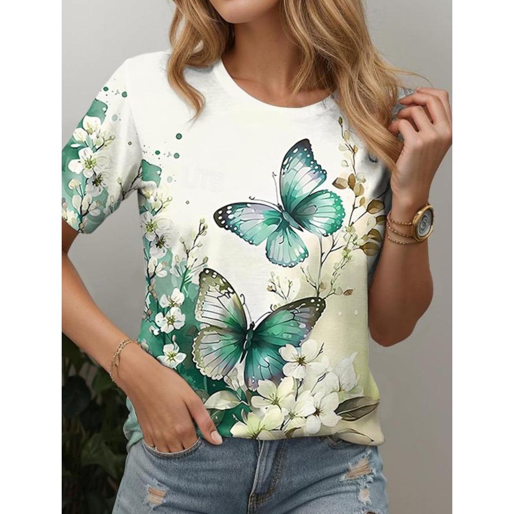 Damen T-Shirt Sommer Neue Schmetterlingsmuster Kurzarm Mode Sexy Mädchen Kleidung Y2k Print Tees Casual Wowen's Kleidung