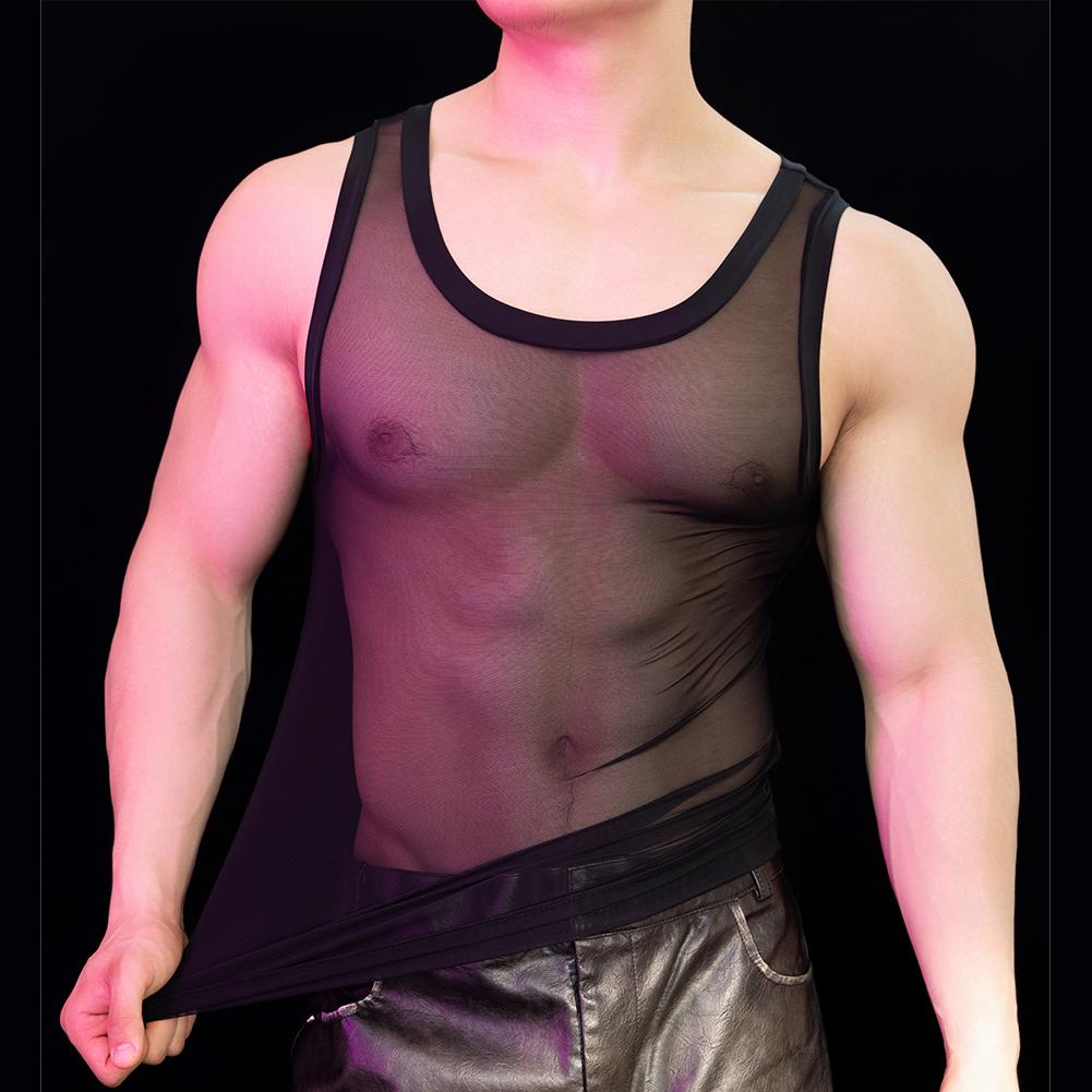 Mens See-Through Mesh T Shirt Tank Tops Sports Sleeveless Vest Nightclubs Sheer Elastic Camisole Camisole Rave Party Clubwear