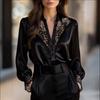 White Women's Shirt Spring and Autumn Lace V-neck Long Sleeve Loose Casual Satin Shirts Women Solid Color Single Breasted Simple Office Lady Blouse