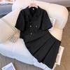 Korean-Style Plus Size Pleated Skirt Suit with Irregular Collar Top