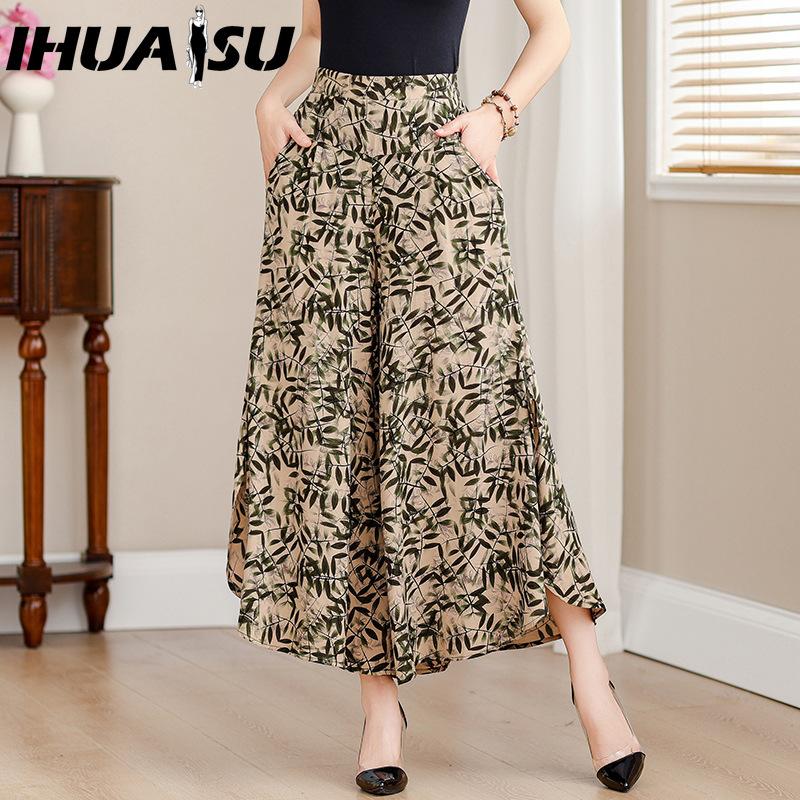 IHUASU 10 Color Summer Plus Size Wide Leg Pants Women Loose Bohemian Summer High Waist Trousers Female Pants XL-4XL