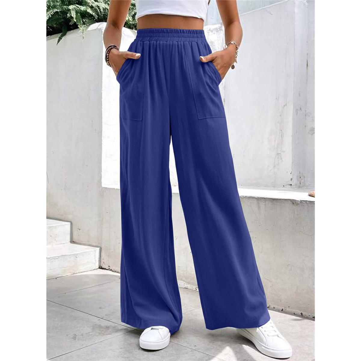 

Women s Straight Pants Loose Sports Solid Color Pocket Casual Trousers S синий