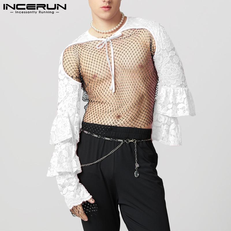 INCERUN Men Lace Up See Through Lace Crop Tops Club Party Mesh Short T-shirts