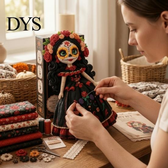 Volkskunstpuppen Bastelset Tag der Toten Patchwork DIY-Set, Zuckerschädel Nähen Bastelsets für Erwachsene, Feiertags-Andenken-Herstellungsmaterialien Halloween