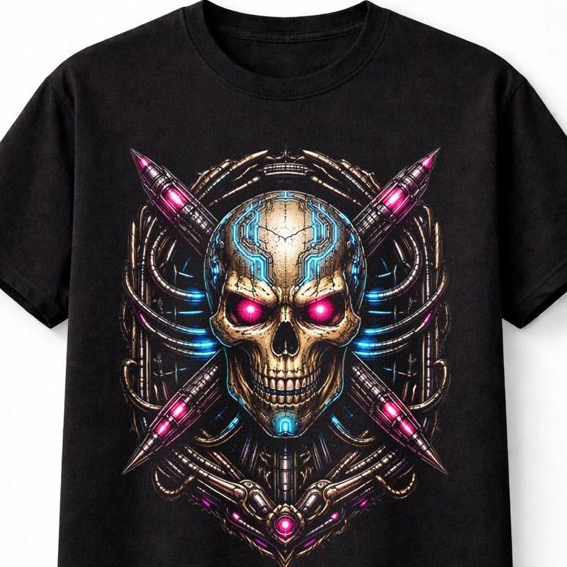 Cyber Skull Neon Sci Fi Gamer Cyberpunk Graphic Black Unisex TShirt S