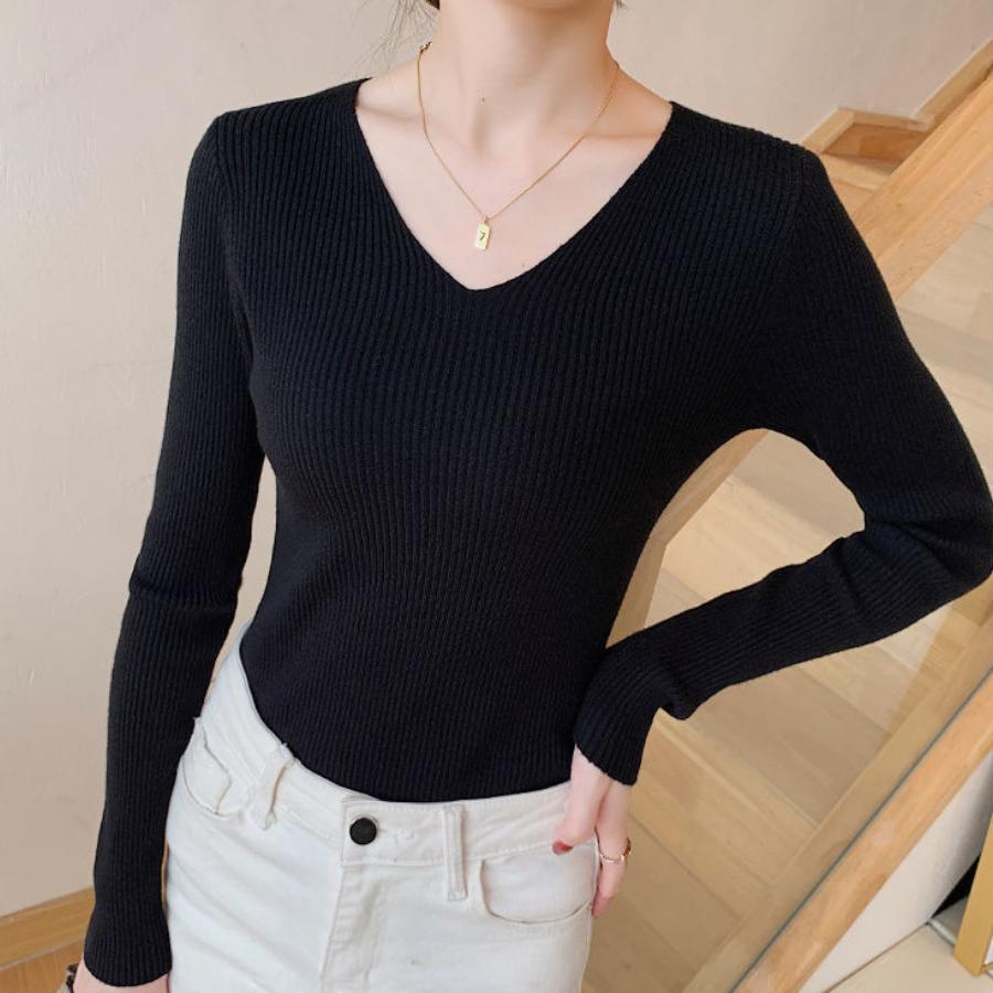 5XL Basic V-Ausschnitt Damen Pullover Herbst Winter Tops Stretch Slim Damen Pullover Rippenstrickpullover Jumper Weich Warm Pull Pullover
