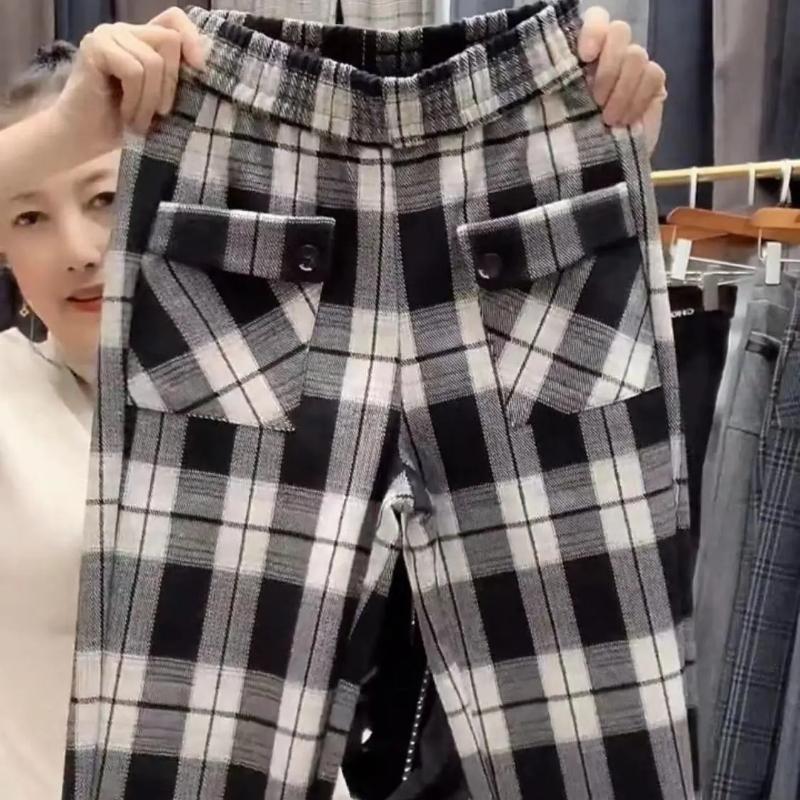 Women  Spring Autumn Korean Fashion Leggings Pants Clothes Vintage Plaid Casual Streetwear Harem Pants  Pocket Loose Trousers