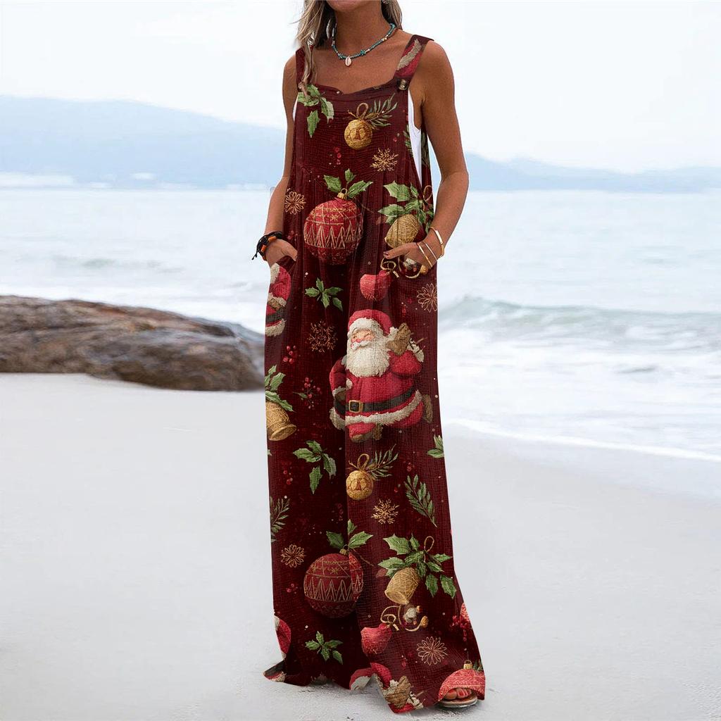 Women's Christmas Print Solid Wide Leg Strapless Tank Pocket Casual Onesie