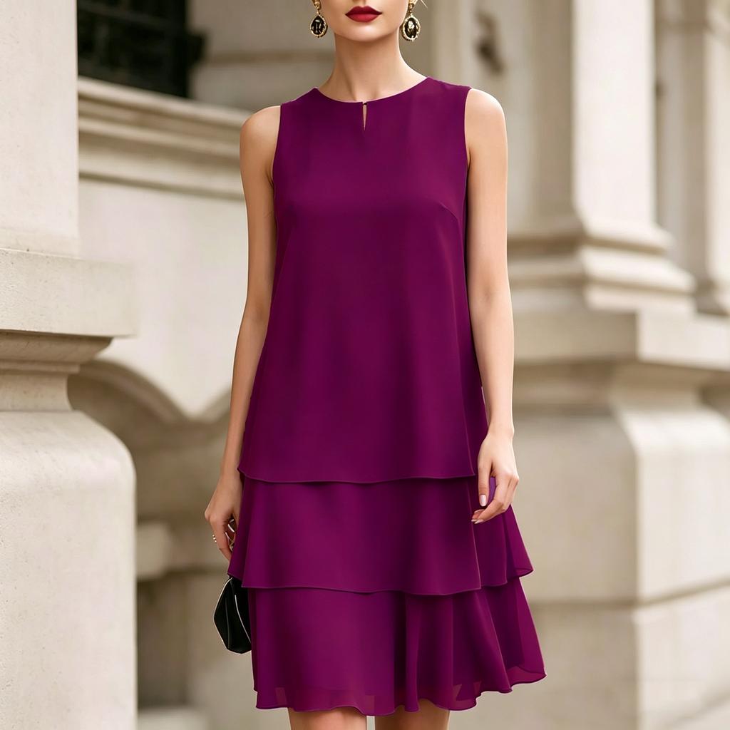 Vestido Feminino Sem Mangas em Camadas Casual de Caimento Solto Modelo Evasê com Forro Leve Vestido de Verão para Uso Externo e Interno