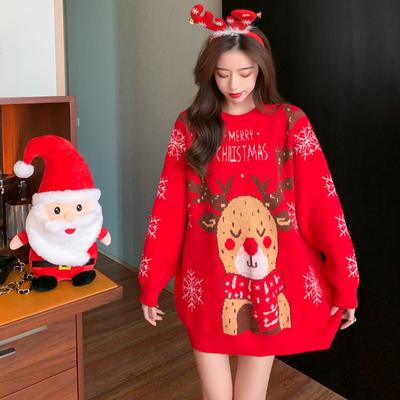 Winter Vintage Loose Christmas Pullovers Sweaters Women Fashion Outerwear Plus Size Knitted Sweater Women Cute Print Casual Long Sleeve Jumpers 25511