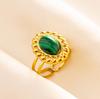 Green Striped Stone Vintage Gold Color Stainless Steel Open Adjustable Rings For Women Men Accessories Finger Jewelry Sun Flower