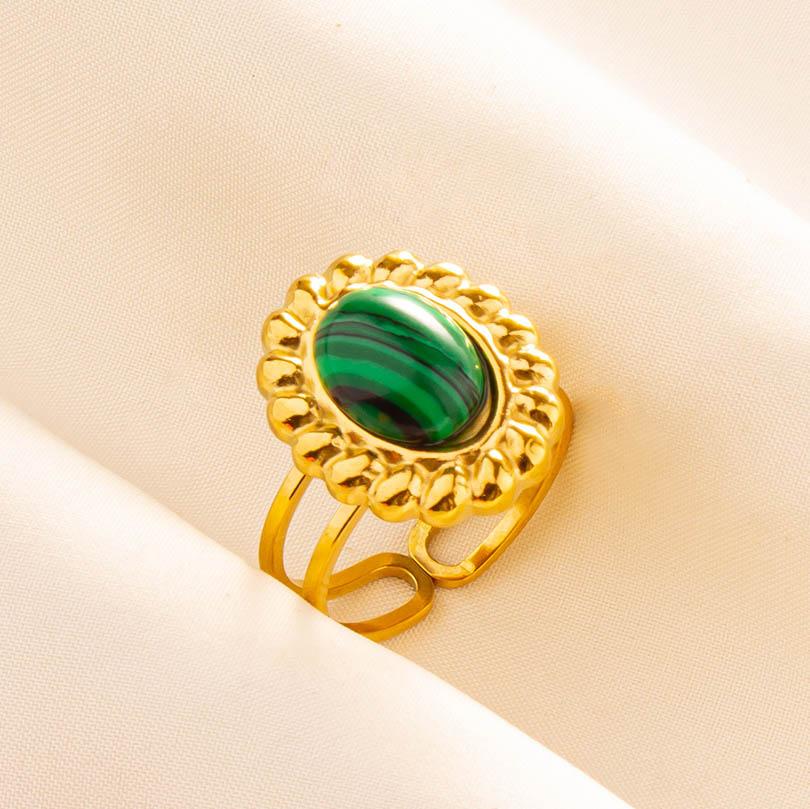 Green Striped Stone Vintage Gold Color Stainless Steel Open Adjustable Rings For Women Men Accessories Finger Jewelry Sun Flower