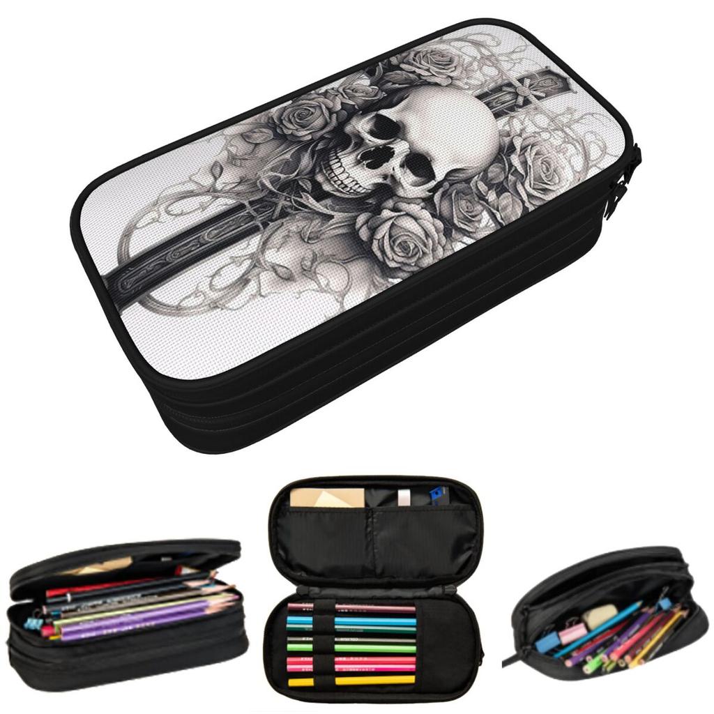 Gothic Rose Floral Skull Cross Pencil Case for Kids Gifts Pen Box Pencil Bag Stationery Supplies Pen Holder Bag