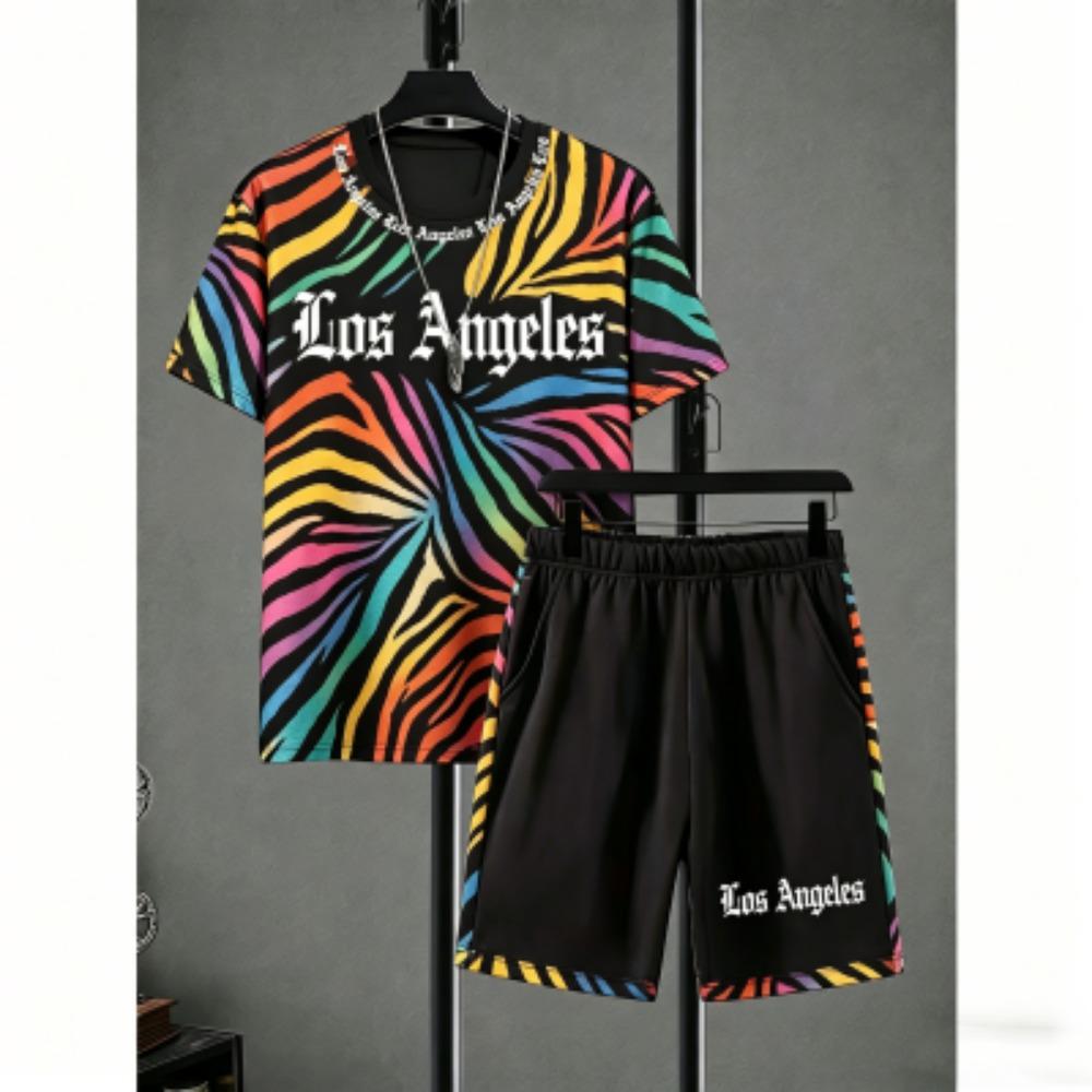 Fashion Men s Set Zebra Stripe Colorful Printed Men s T-shirt and Shorts 2 Piece Set Summer Casual Outdoor Men s and Women s T-shirt Sets XXS