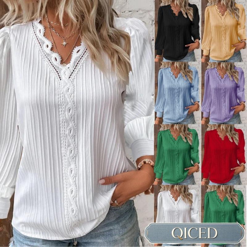 QICED Damen Mode V-Ausschnitt Langarm Herbst Winter Lässige Blusen & Hemden Lässiger Chic