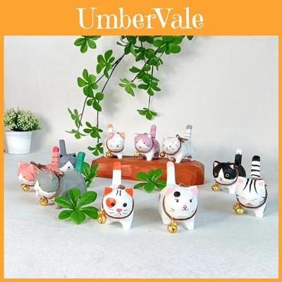 Wooden Handcrafted Carved Cat Figurine Cute Bell Desk Decor For Gifts And Home Office